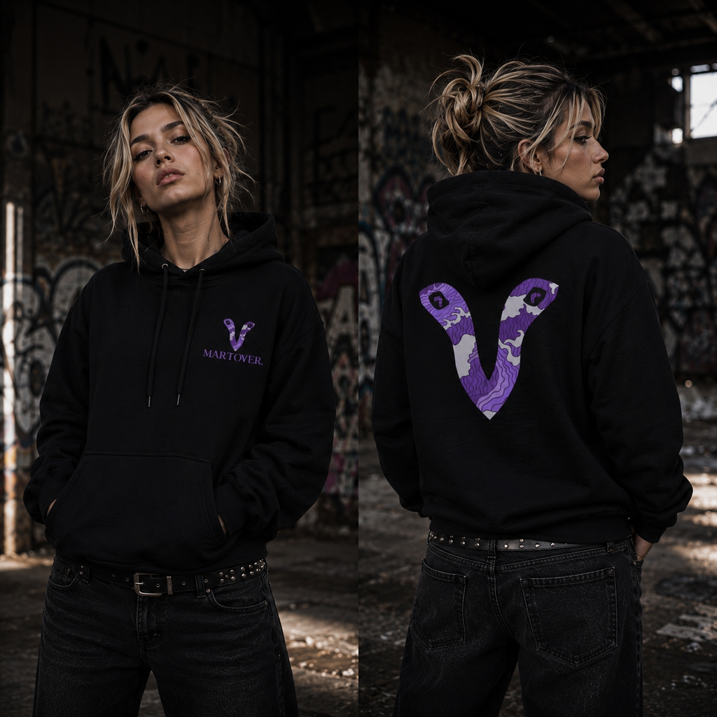 Black Martover Violet Abyss hoodie front and back view